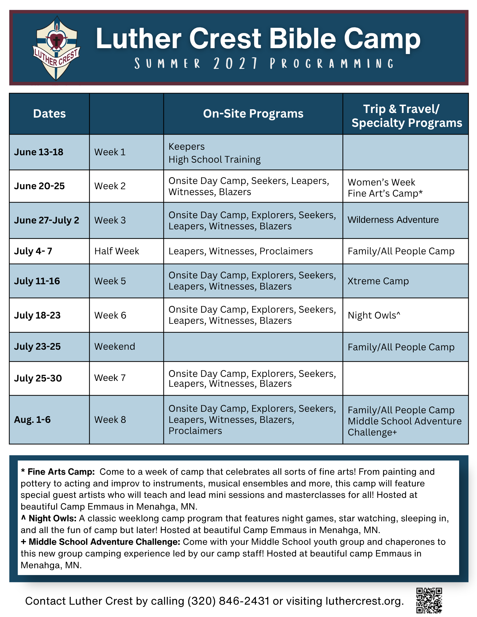 Summer Camp 2027 Schedule